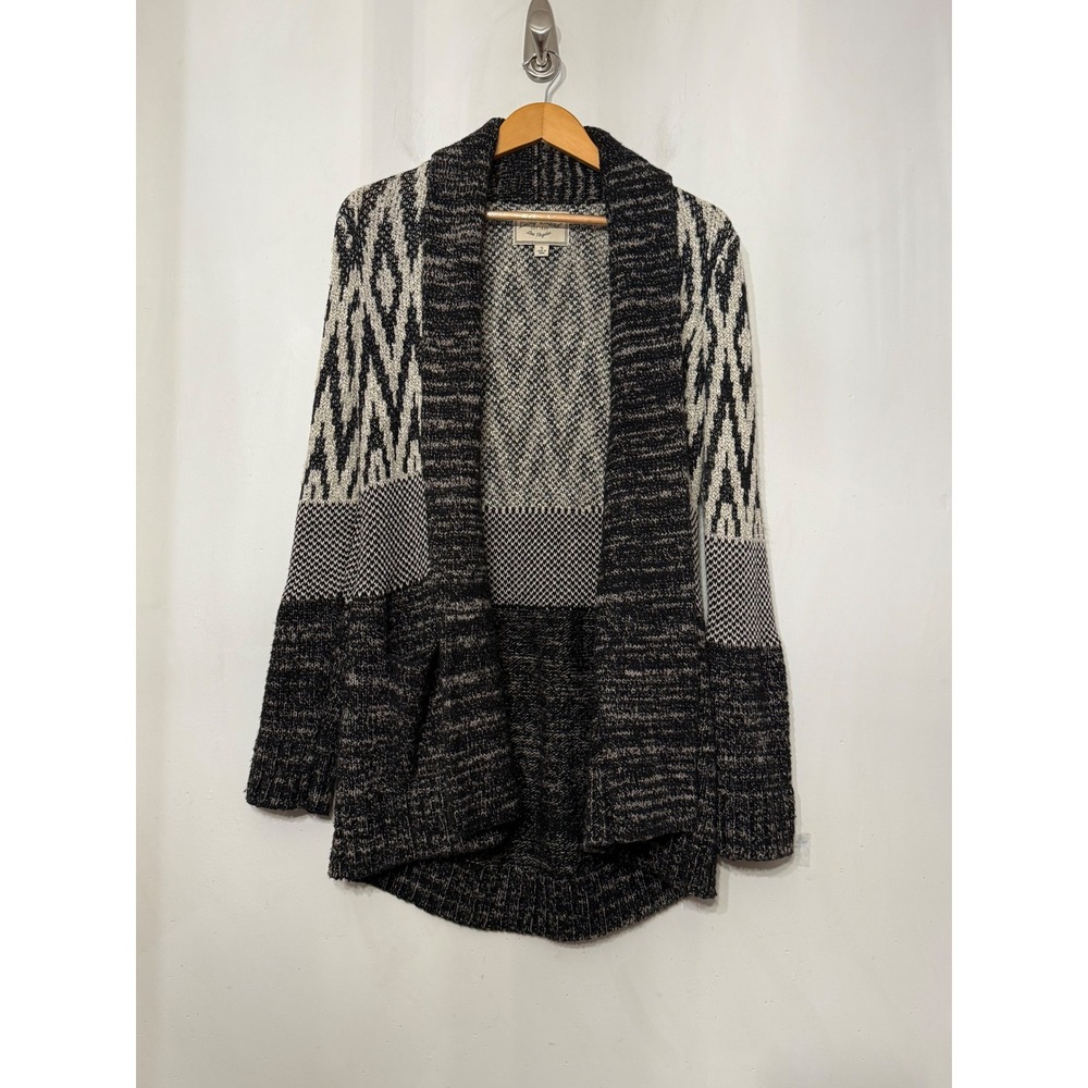 Lucky Brand Womens Black Geometric Diamond Knit Shaws Wool Cardigan Sweater S